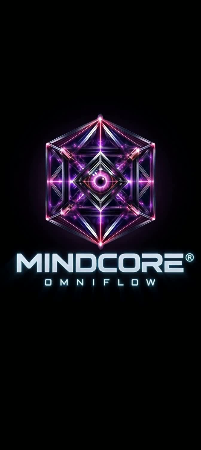 Marca oficial MINDCORE: matriz geométrica cromada com núcleo ocular violeta e magenta